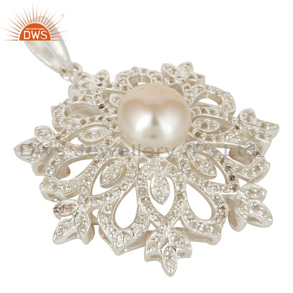 Exporter Pearl and White Topaz Sterling Silver Designer Flower Pendant Fine Jewelry