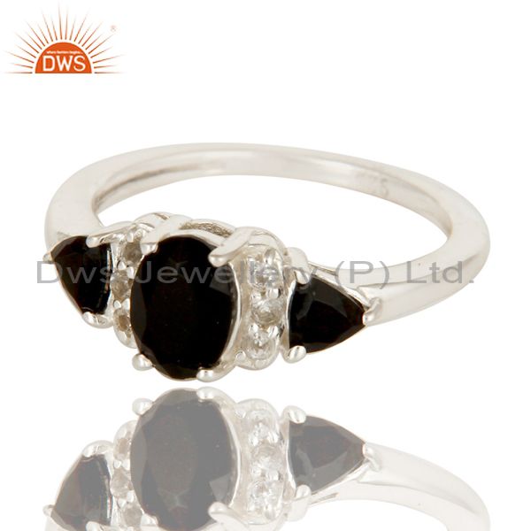 Exporter Black Onyx And White Topaz Solitaire Three Stone Ring Made In Sterling Silver