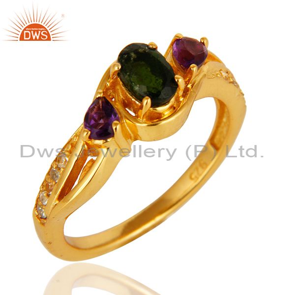 Exporter Chrome Diopside, Amethyst And Round White Topaz 14K GOld On Sterling Silver Ring