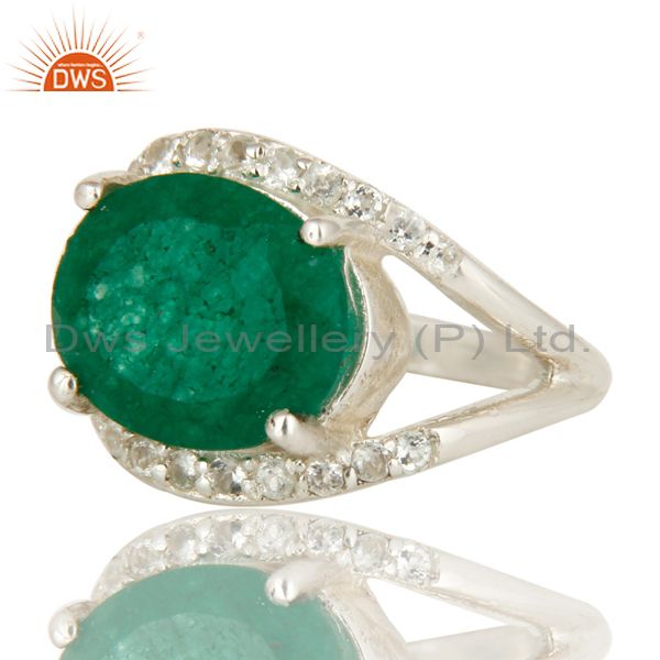 Exporter 925 Sterling Silver Emerald Green Corundum And White Topaz Split Shank Ring