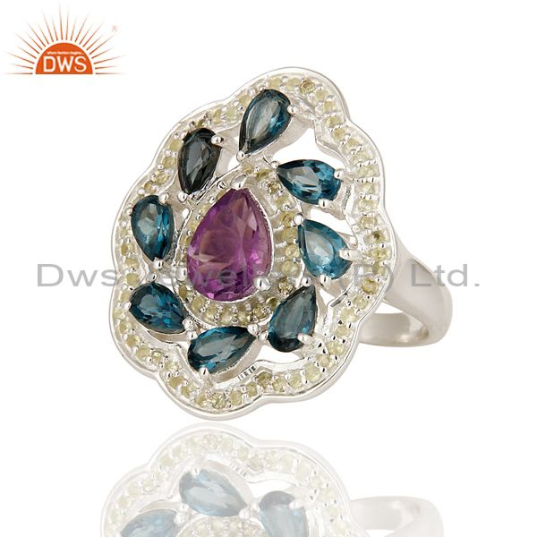 Exporter Natural Amethyst And Blue Topaz 925 Sterling Silver Cocktail Ring With Peridot