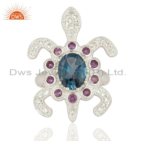 Exporter Sterling Silver Amethyst & London Blue Topaz Tortoise Design Fine Gemstone Ring