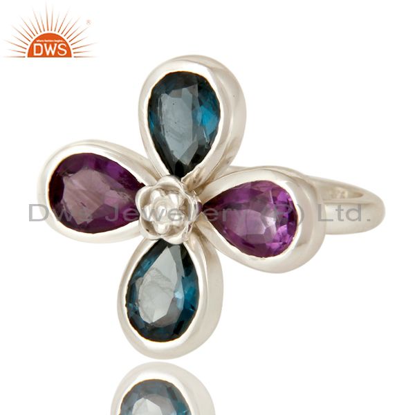 Exporter 925 Sterling Silver London Blue Topaz And Amethyst Flower Cocktail Ring