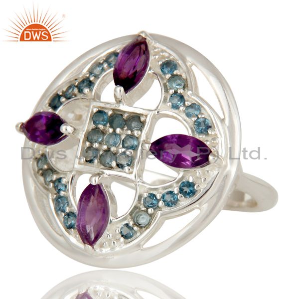 Exporter Amethyst And Blue Topaz Sterling Silver Cluster Cocktail Ring