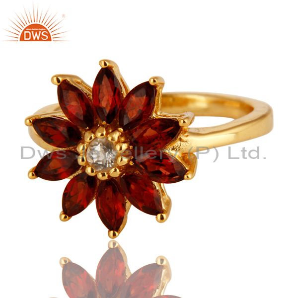 Exporter 14K Yellow Gold Plated Sterling Silver Garnet & White Topaz Floral Cocktail Ring