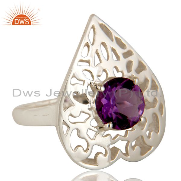 Exporter Natural Amethyst Round Cut Gemstone Sterling Silver Heart Design Cocktail Ring