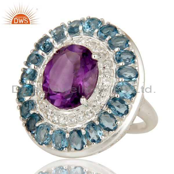 Exporter 925 Sterling Silver Amethyst And Blue Topaz Cluster Statement Ring