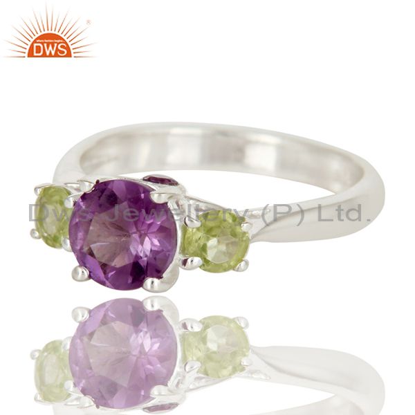 Exporter 925 Sterling Silver Amethyst And Peridot Three Gemstone Cluster Ring
