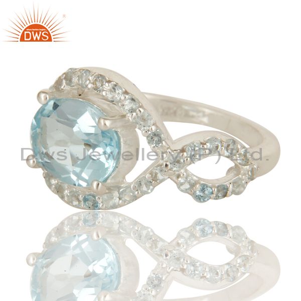 Exporter 925 Sterling Silver Blue Topaz Gemstone Halo Style Infinity Designer Ring