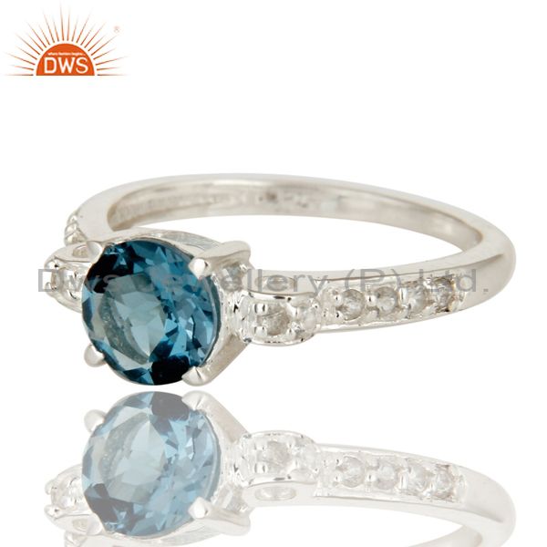 Exporter Modern Halo Blue Topaz And White Topaz Solitaire Ring in 925 Sterling Silver