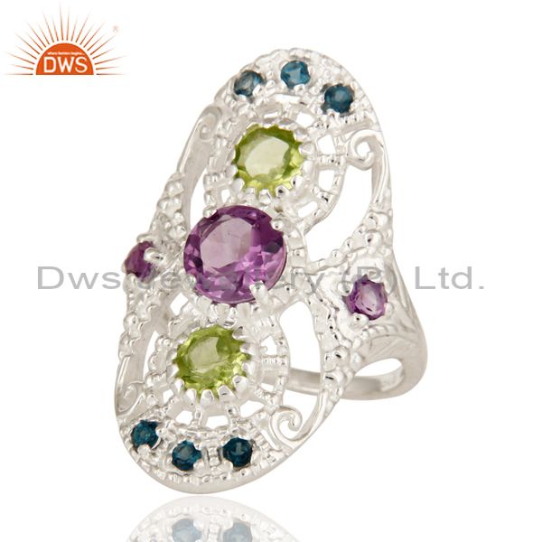 Exporter 925 Sterling Silver Amethyst, Blue Topaz And Peridot Cluster Statement Ring