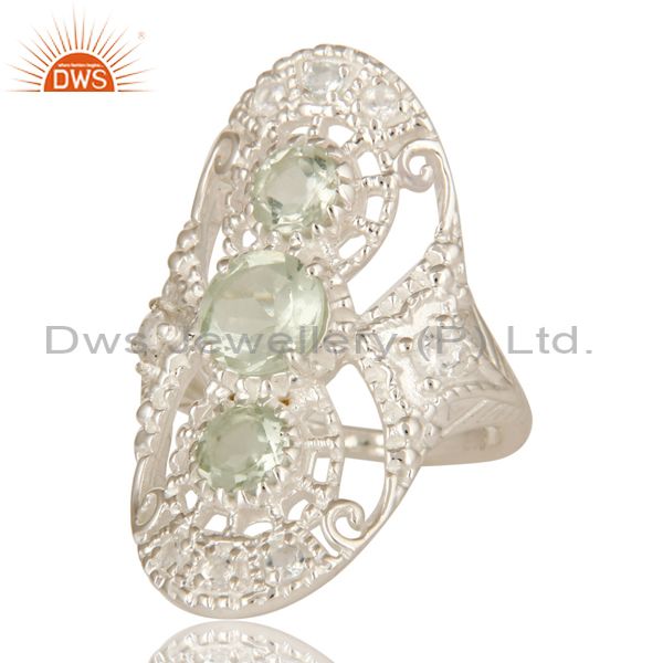 Exporter 925 Sterling Silver Green Amethyst And White Topaz Statement Ring