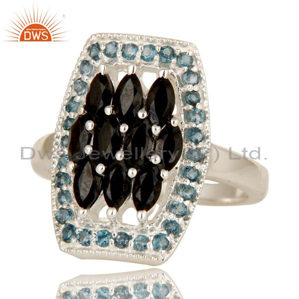 Exporter 925 Sterling Silver London Blue Topaz And Black Onyx Cluster Statement Ring