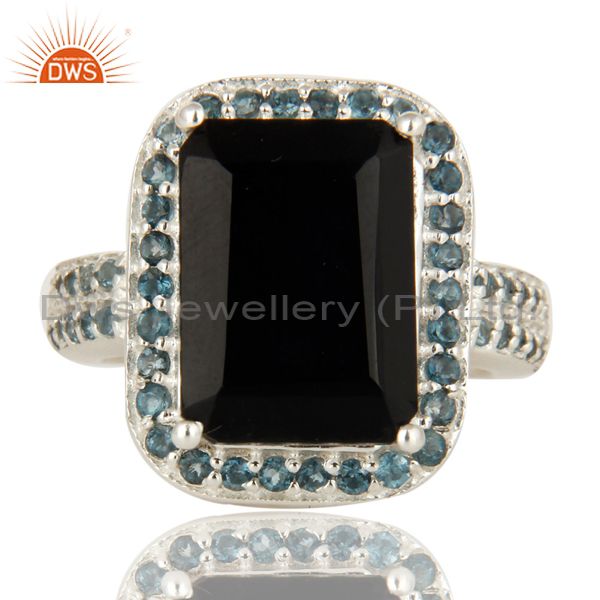 Exporter 925 Sterling Silver Black Onyx Solitaire Halo Engagement Ring With Blue Topaz