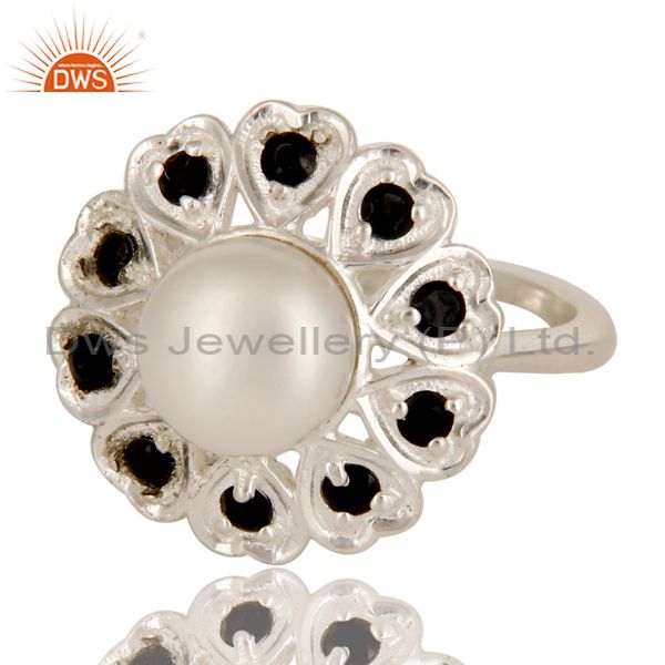 Exporter 925 Sterling Silver Natural White Pearl And Black Spinel Flower Cocktail Ring