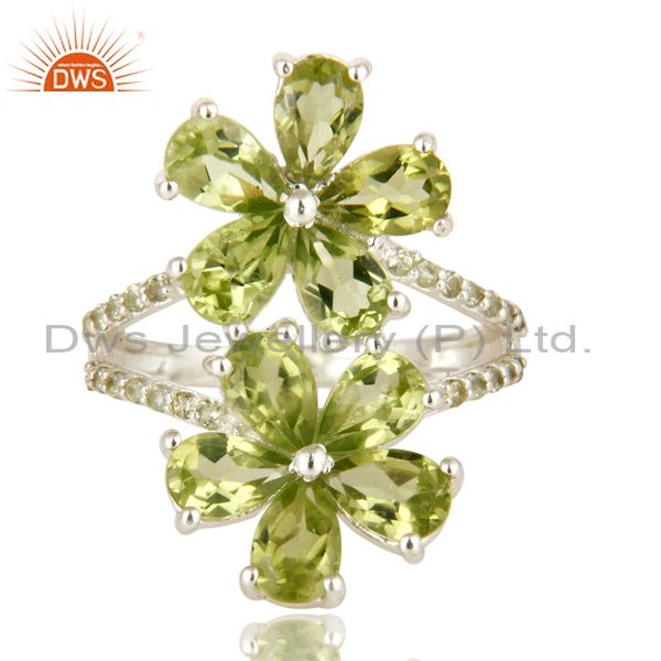 Exporter 925 Sterling Silver Peridot And White Topaz Flower Cocktail Ring