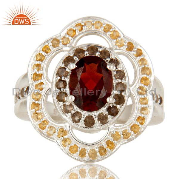 Exporter Garnet, Smoky Quartz And Citrine Sterling Silver Halo Solitaire Ring