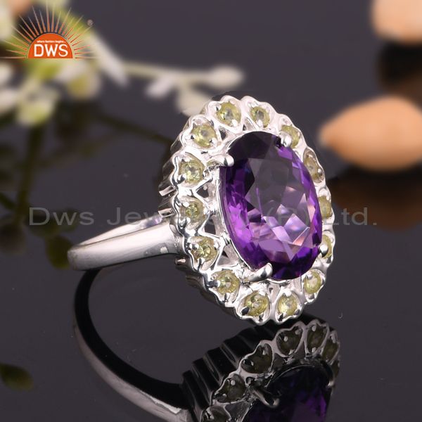 Exporter 925 Sterling Silver Amethyst And Peridot Gemstone Halo Solitaire Ring