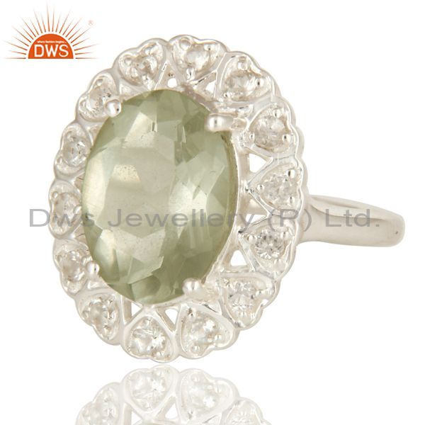 Exporter Natural Green Amethyst Sterling Silver Gemstone Halo Ring With White Topaz