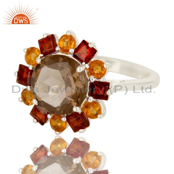 Exporter Citrine, Garnet And Smoky Quartz Cocktail Ring Made In Sterling Silver