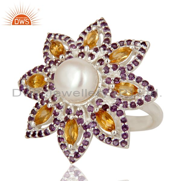 Exporter Pearl, Amethyst and Citrine Sterling Silver Flower Design Cocktail Ring