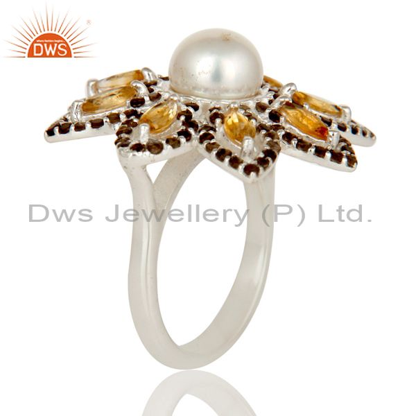 Exporter Sterling Silver Pearl Citrine and Smokey Quartz Flower Design Cocktail Ring