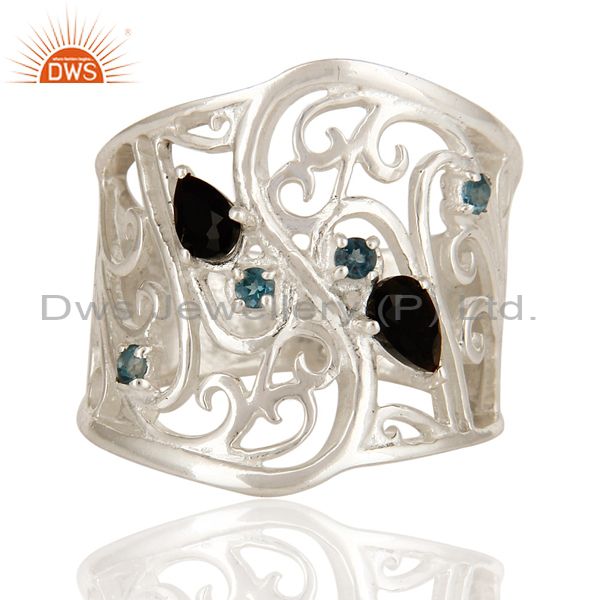 Exporter 925 Sterling Silver Black Onyx And Blue Topaz Gemstone Designer Dome Ring
