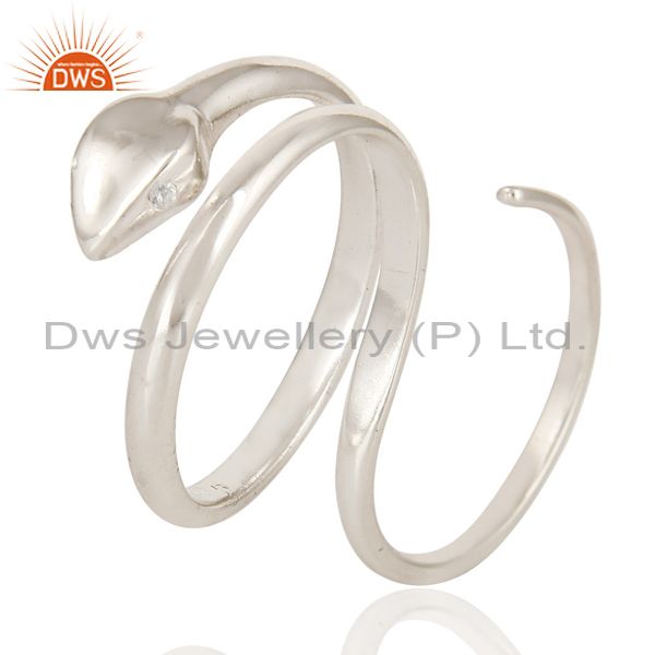 Exporter High Polished Sterling Silver Two Finger Adjustable Snake Ring With White Topaz
