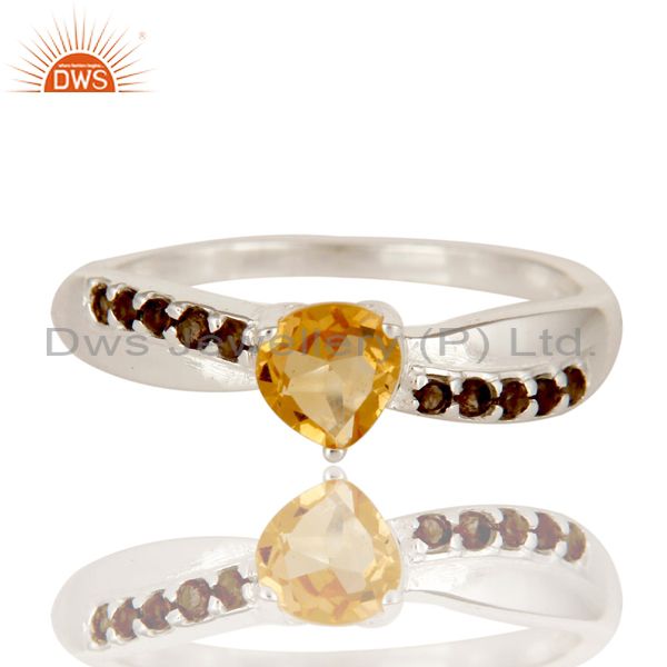 Exporter 925 Sterling Silver Heart Cut Citrine And Smoky Quartz Prong Set Stack Ring