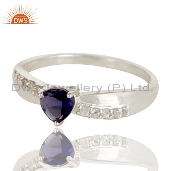 Exporter 925 Sterling Silver Heart Cut Iolite And White Topaz Gemstone Halo Ring