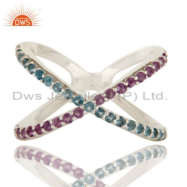 Exporter 925 Sterling Silver Criss-Cross X Ring With Amethyst And Blue Topaz Gemstone