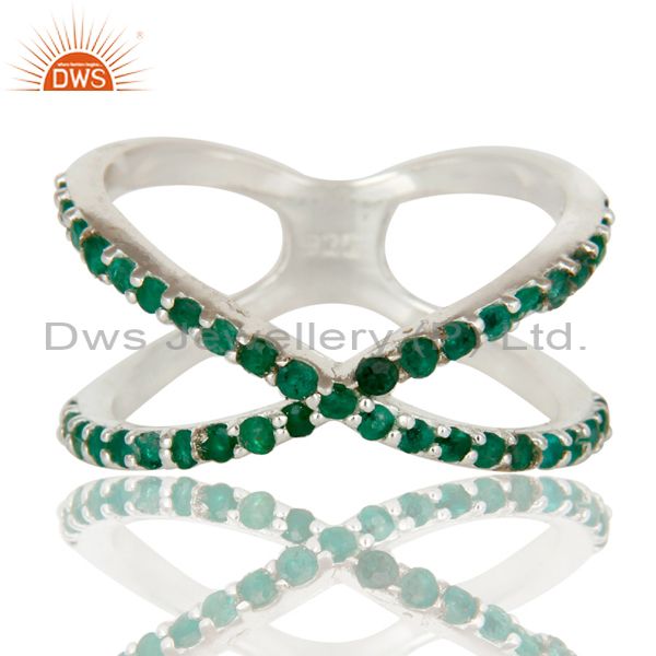 925 Sterling Silver Criss Cross X Ring With Emerald Gemstone