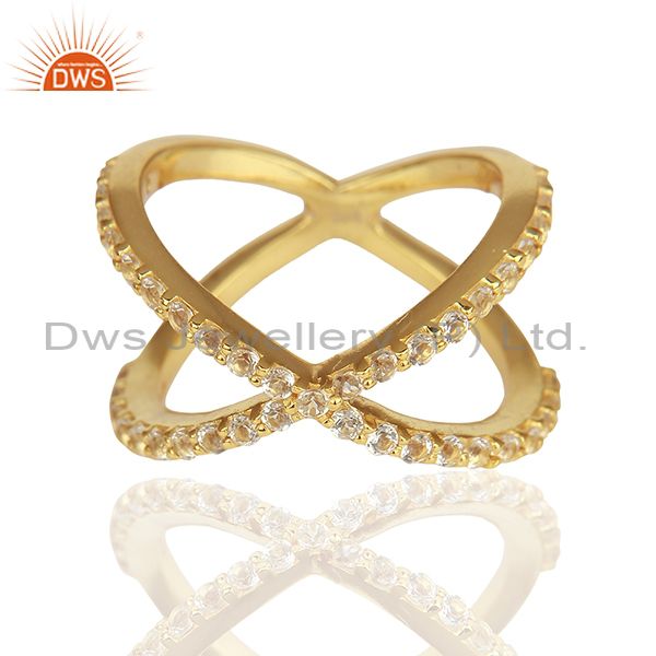 Exporter Criss Cross Gold Plated 925 Silver White Topaz X Ring Manufacturer