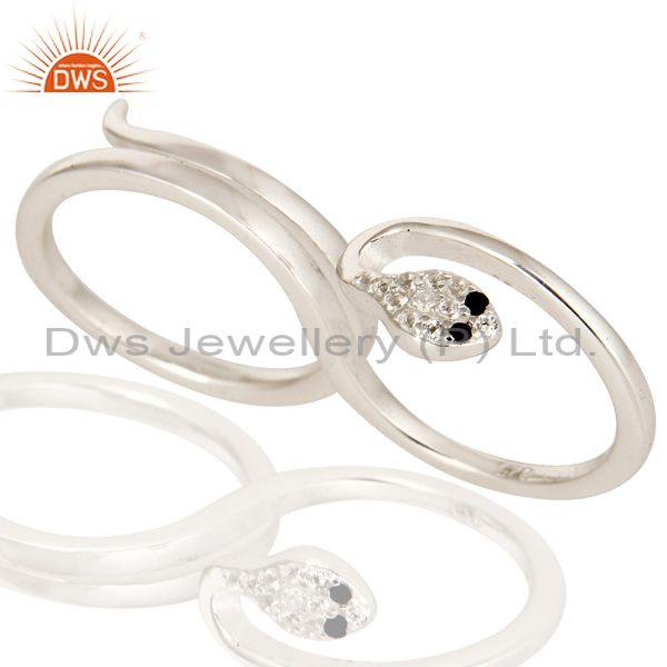 Exporter 925 Sterling Silver White Topaz And Black Spinel Snake 2 Finger Adjustable Ring