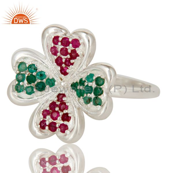 Exporter 925 Sterling Silver Ruby And Emerald Gemstone Flower Cocktail Ring
