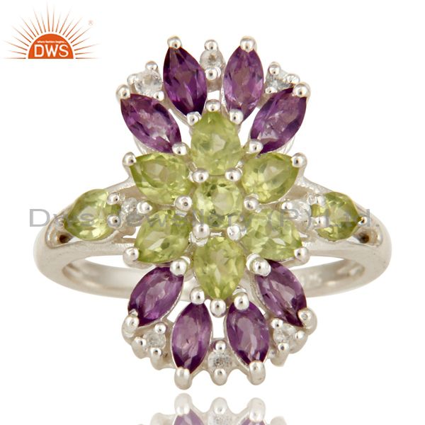 Exporter 925 Sterling Silver Amethyst And Peridot Gemstone Cluster Statement Ring