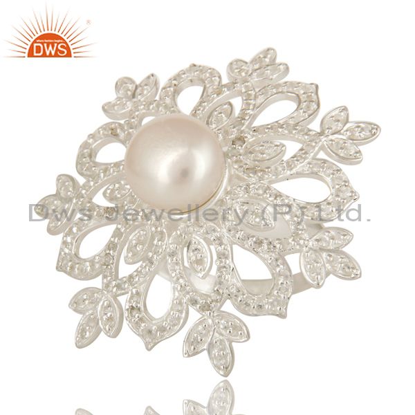 Exporter 925 Sterling Silver White Topaz And Pearl Flower Cocktail Ring