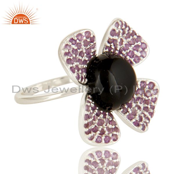 Exporter 925 Sterling Silver Black Onyx And Amethyst Gemstone Flower Cocktail Ring