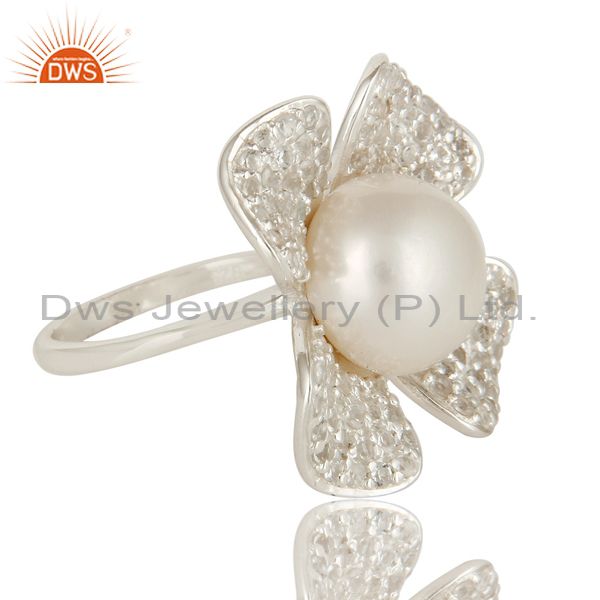 Exporter 925 Sterling Silver Natural Pearl Flower Cocktail Fashion Ring With White Topaz