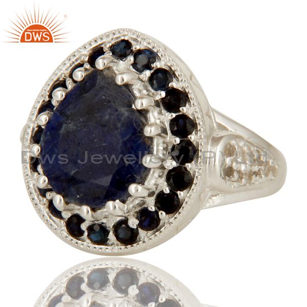 Exporter 925 Sterling Silver Blue Corundum And White Topaz Gemstone Statement Ring