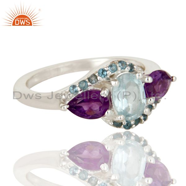 Exporter Amethyst and Blue Topaz Solid Sterling Silver Statement Ring Fine Gemstone Ring