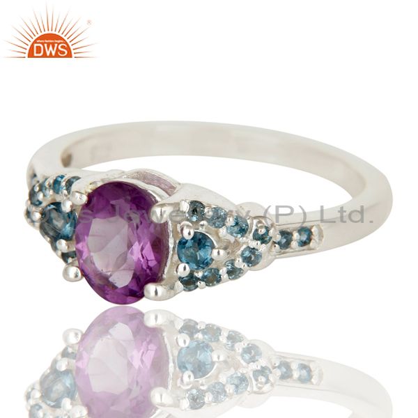 Exporter Natural Amethyst And Blue Topaz Sterling Silver Gemstone Halo Statement Ring