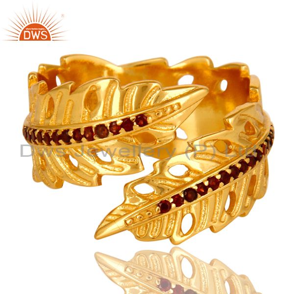 Exporter 14K Yellow Gold Plated Brass Garnet Gemstone Fashion Leaf Design Adjustable Ring