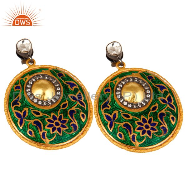 Exporter 22K Yellow Gold Plated Sterling Silver CZ Polki And Enamel Design Dangle Earring