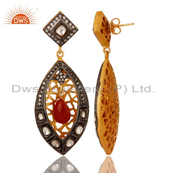 Exporter Red Onyx And CZ Crystal Polki Dangle Earrings in 18K Yellow Gold Plated