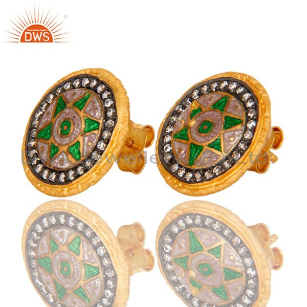Exporter 22K Yellow Gold Plated Sterling Silver Enamel Design Stud Earrings With CZ