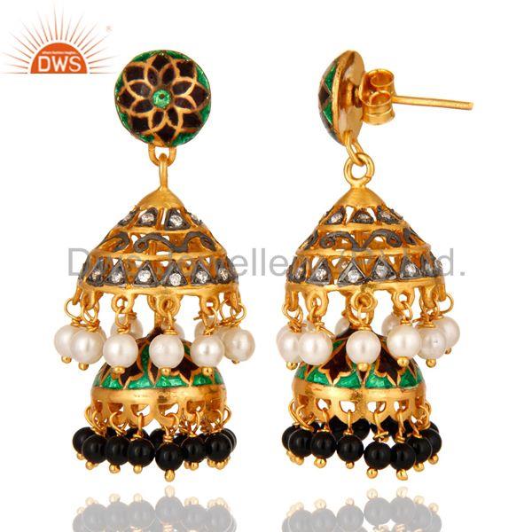 Exporter Gold Plated Silver Kundan Pearl & Onyx Meena Work Traditional Jhumka Earrings