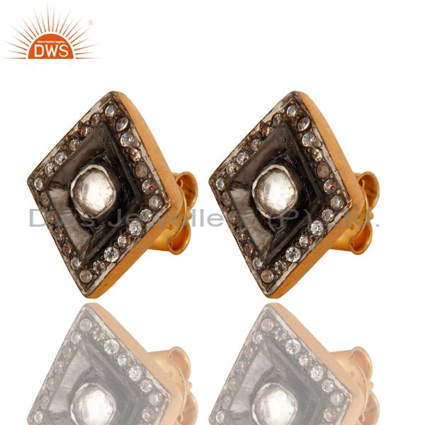 Exporter 18K Yellow Gold Plated Sterling Silver CZ Crystal Polki Stud Earrings