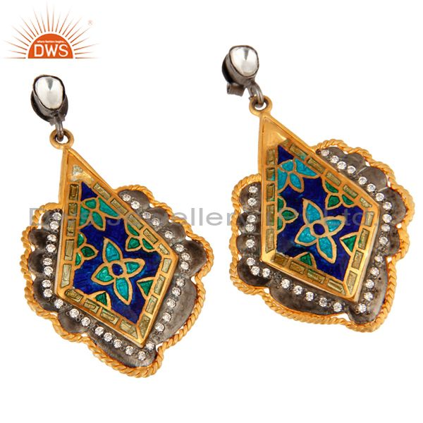 Exporter Indian Traditional 18K Gold Plated Sterling Silver CZ Party Wear Enamel Earrings