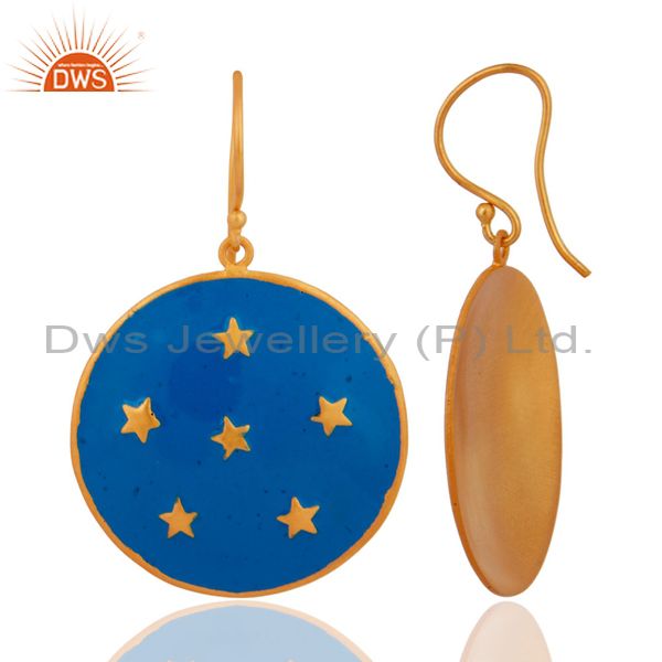 Exporter 18K Yellow Gold Plated Blue Enamel Star Design Ladies Fashion Hook Brass Earring